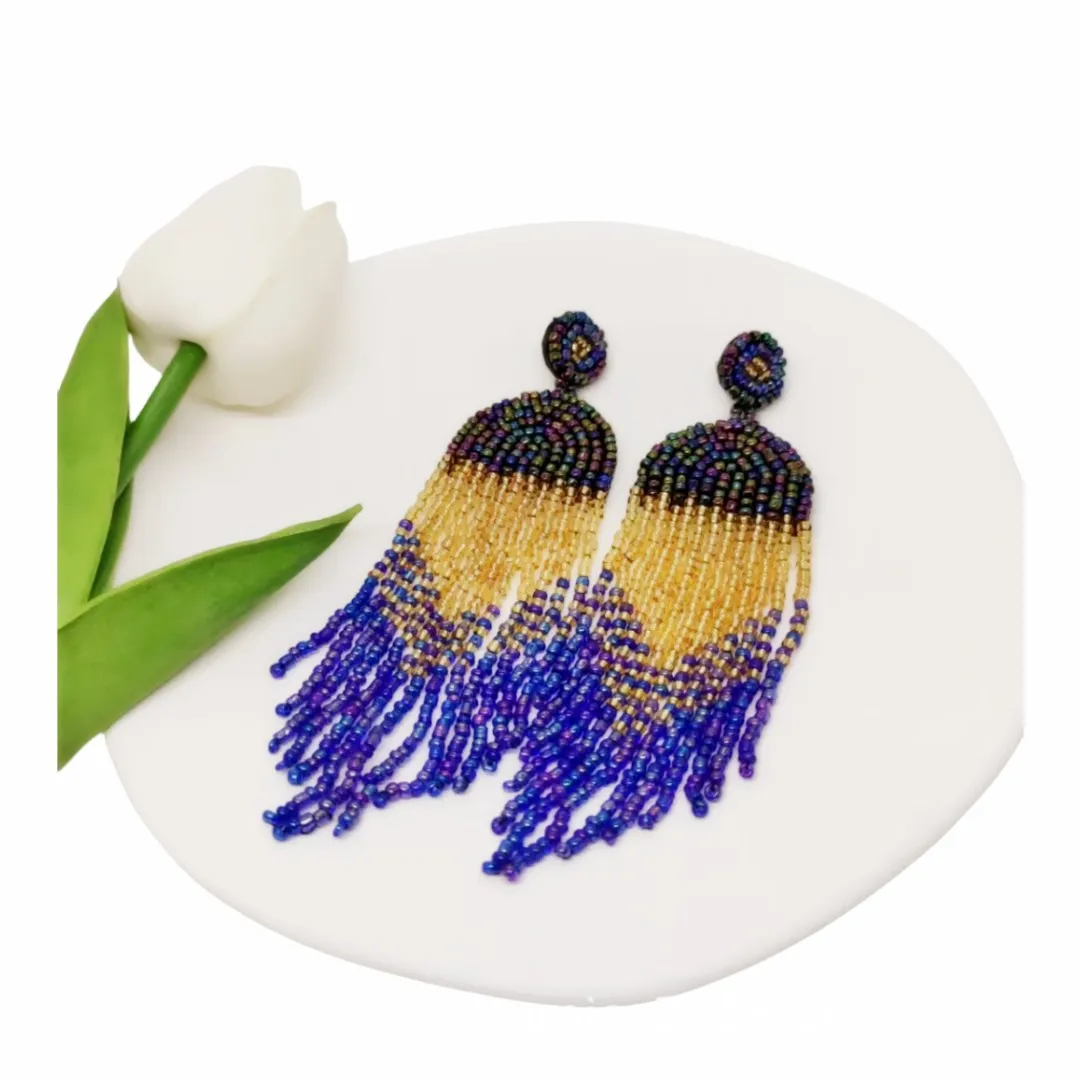 

Rice bead earrings Tassel Originality Gradient Hand knitting Bohemia Alloy Fashion Simple Beaded earrings