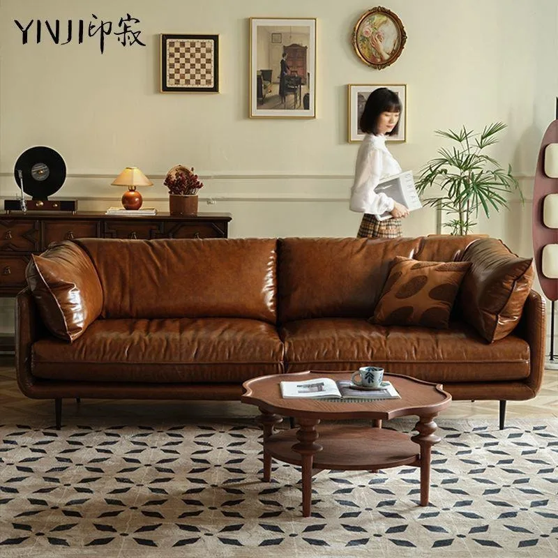 French retro oil wax leather sofa, down living room simple first layer cowhide American sofa
