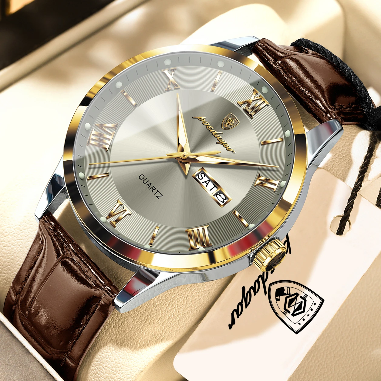 POEDAGAR Original Fashion Men's Watches Leather Date Week High Quality Quartz Men Wristwatch Waterproof Luminous Business Watches For Man Male Reloj