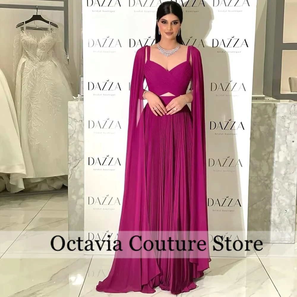 

Saudi Arabic Fuchsia Chiffon Evening Dresses with Cape Sleeves Sweetheart Elegant Women Wedding Formal Gowns Custom فستان وردي