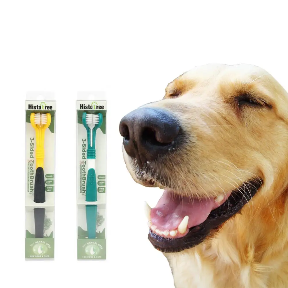 Cepillo de dientes de tres cabezales para mascotas, práctico cepillo de dientes de plástico de tres lados para mascotas, eliminación de piedra duradera