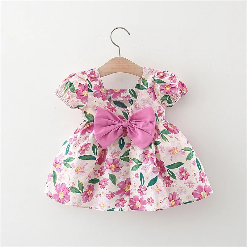 Baby Girl\'s New Dress Summer Korean Edition Big Flower Bow Short Sleeve Cotton Skirt Fashionable Girl\'s Princess Dress