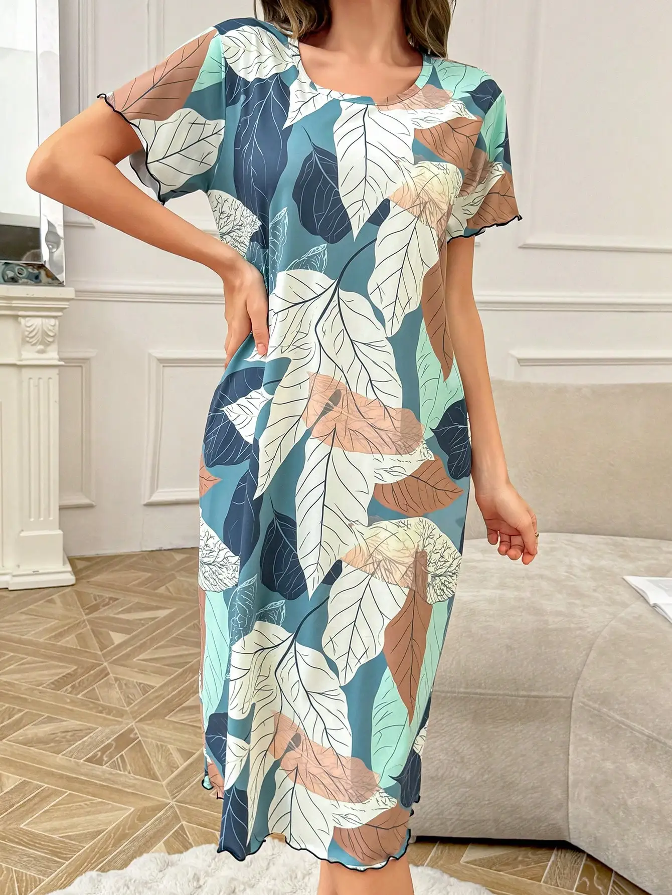 

Цельная весенне-летняя женская ночная рубашка, элегантный цветочный стиль, удобная ночная рубашка с короткими рукавами