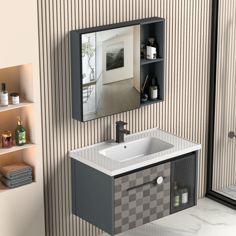 Bathroom CabinetModern Design Space Aluminum Wall-Hung Bathroom Cabinet With LED Mirror Ceramic One Piece Washbasin LED Mirror C