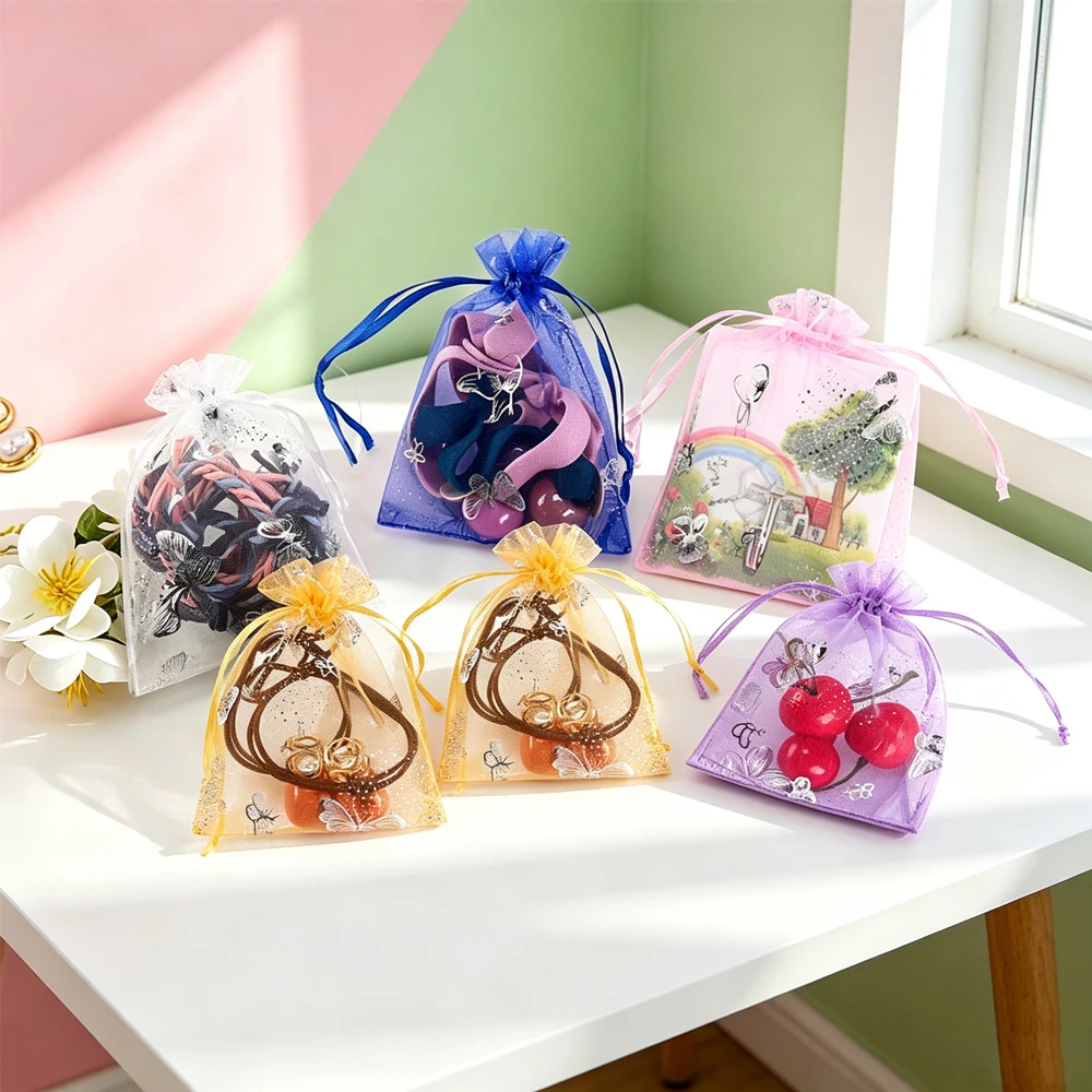 

100Pcs/lot Custom Logo Organza Bag Jewelry Tulle Drawstring Bags Jewellry Bracelets Lipstick Packaging Display Wedding Gift Sack