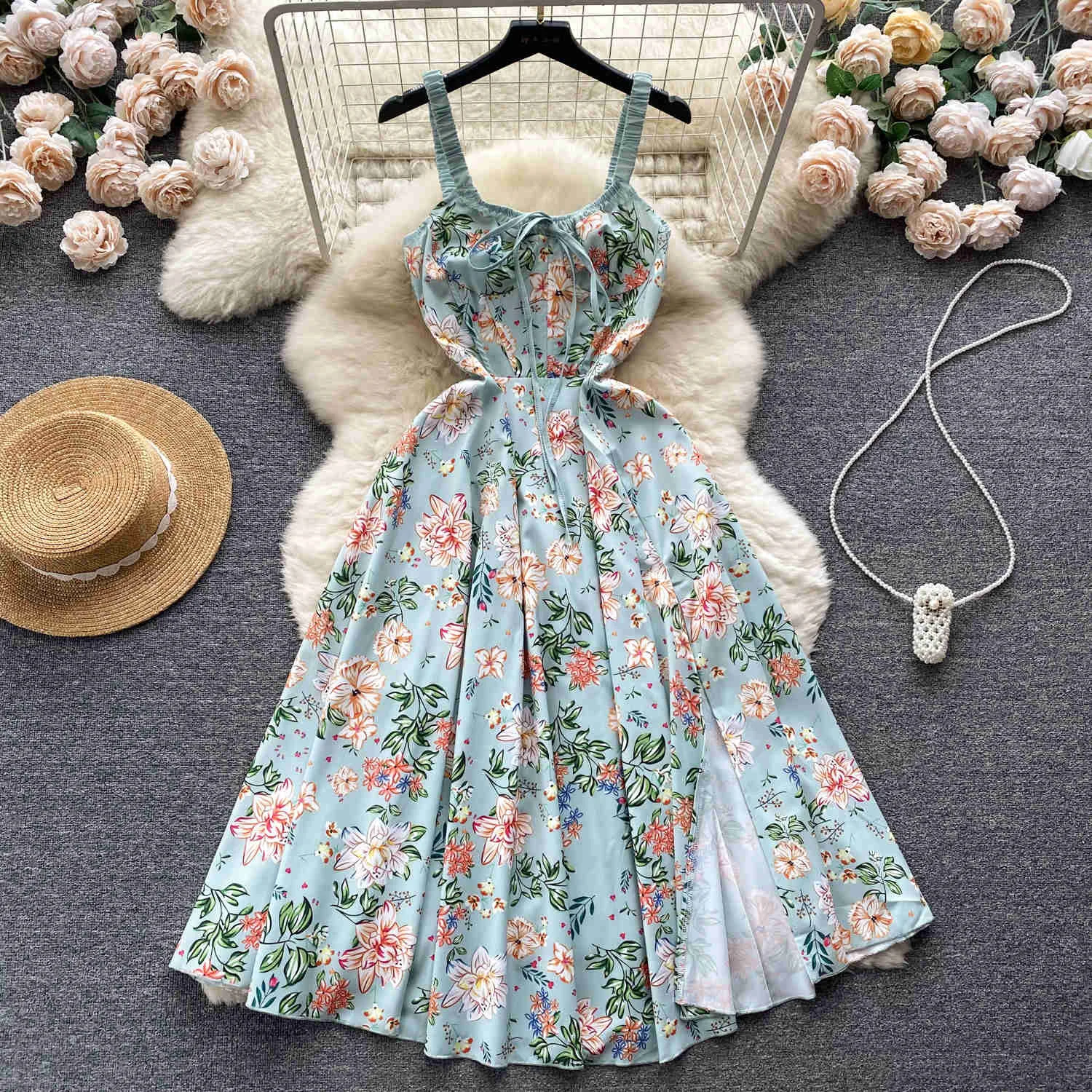 French Women Sweet Summer Floral Print Dress Vintage Style Spaghetti Strap Sleeveless High Waist Slim Big Swing Midi Party Dress