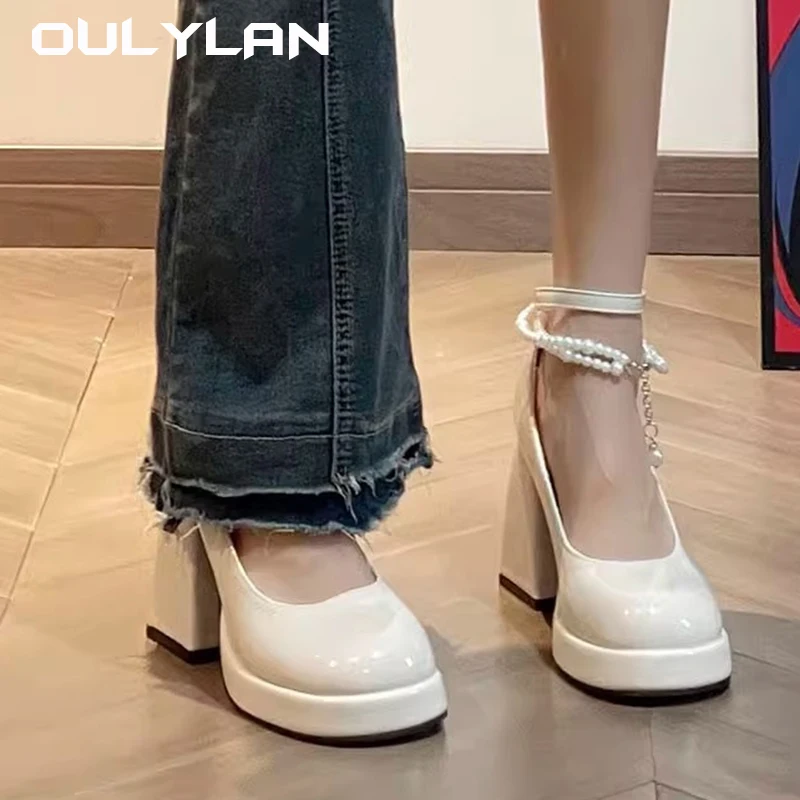 Oulylan 2024 New Ladies High Heels Elegant Toe Black High Heels Fashion Thick Heel Wedding Party Pearl Lace Wedding Shoe