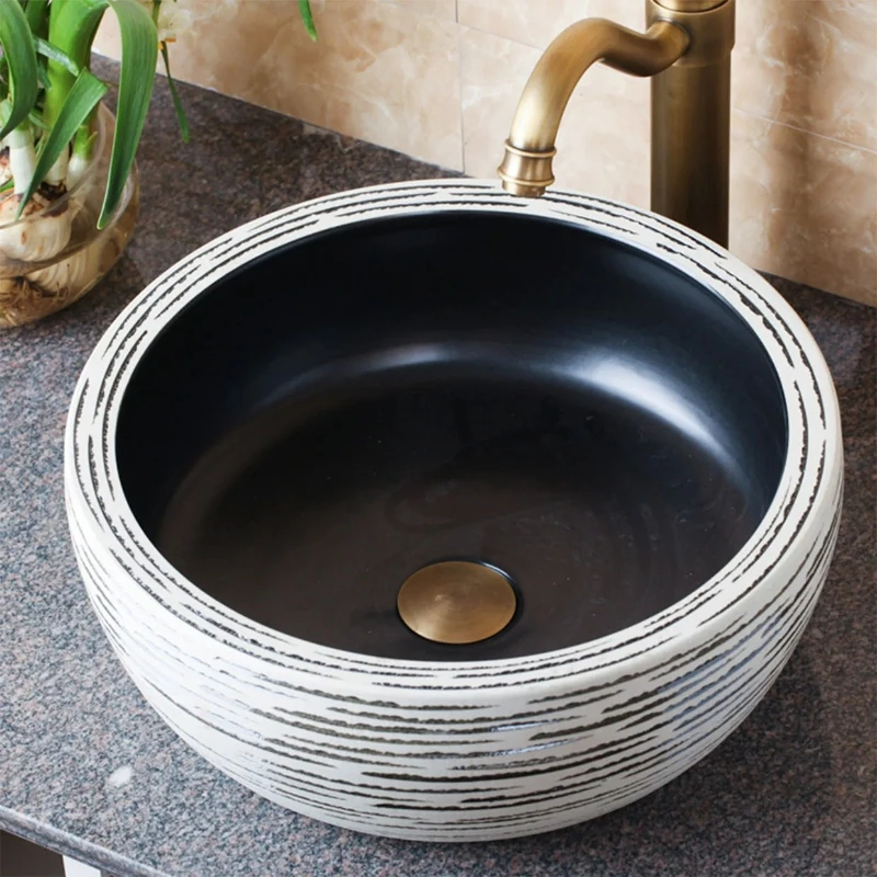 AA Great discounts Ceramic Art Hotel Wash Basin Retro Carving Line Waist Drum Table Basin Countertop Basin