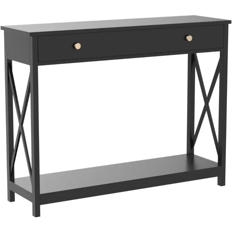 Black Console Table with Drawer and Storage Shelves, Foyer Sofa Table Narrow for Entryway, Living Room, Hallway