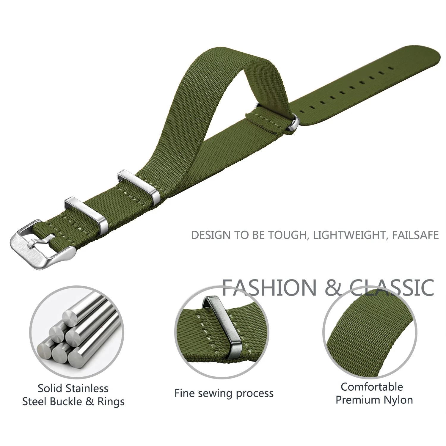 Nylon-Uhrenarmband, 20 mm, 22 mm, bequeme Uhrenarmbänder, Schlaufe, militärisch, waschbar, für Herren-Uhrenarmbänder – Detail 6