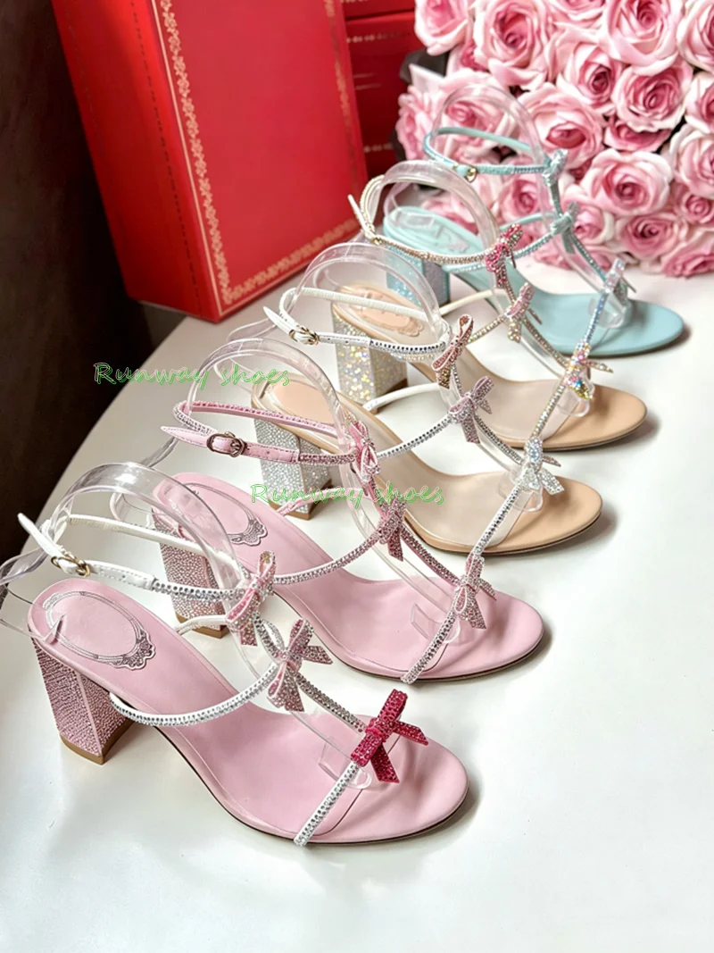 Rhinestone Bow Block Heel Sandals Multicolor Crystal Bow T‑Strap Ankle Buckle Strap High Heels Rhinestone Luxury Women's Shoes