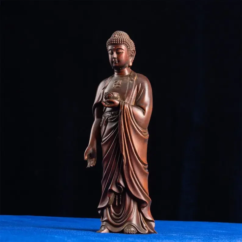 

Standing Buddha Wooden Statue, West God Retro Artistry, Antique Sculpture for Home Room and Desk Aesthetic Collection Decoration