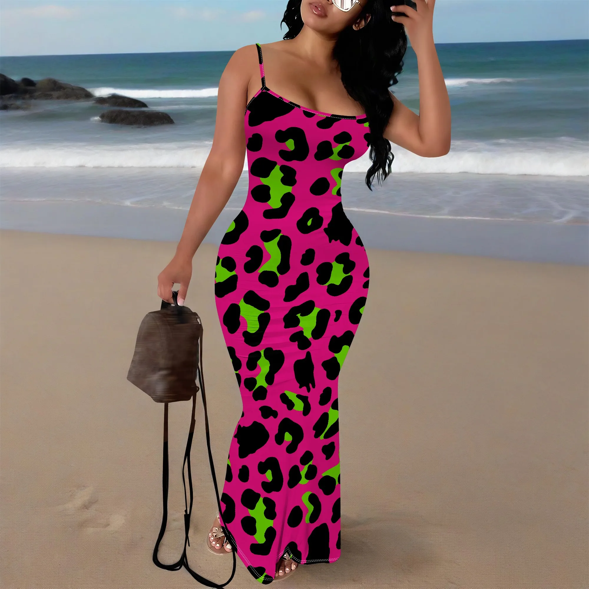 

2025 Summer New Women's Spaghetti Strap Bodycon Maxi Dress Leopard Print Elegant Party Clubwear XS-3XL