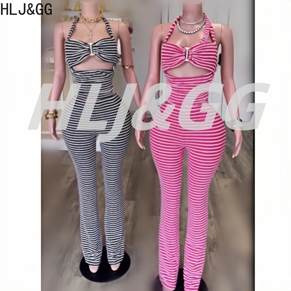 

HLJ&GG Fashion Striped Knitting Print Two Piece Sets Women Halter Lace Up Hollow Slim Crop Top And Pants Outfits Y2K Streetwear