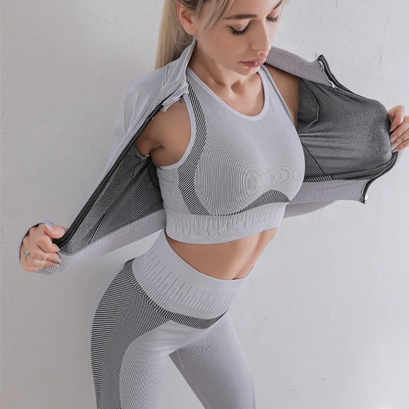 3PCS Yoga Set Women's Zipper Long Sleeve Sports Bra Yoga Pants Three Piece Set Moisture Wicking Running Fitness Body Suit