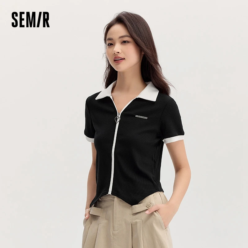 Semir Polo Shirt Women Short Crop Petite Sweet Cool Style Letter Fashion Autumn Temperament Slim Contrasting Color Elegant Top