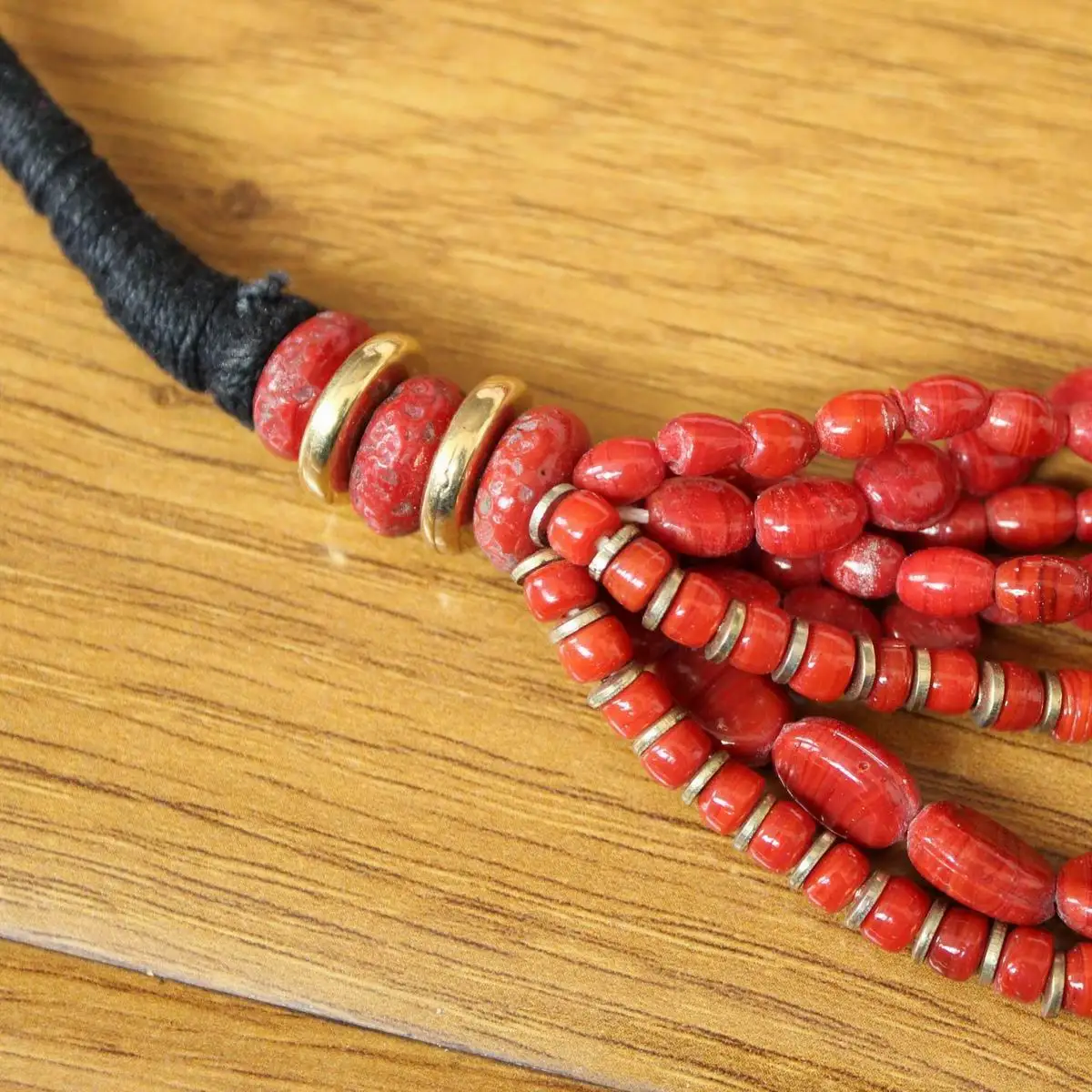 NK253 Ethnic Tibetan Jewelry Brass Red Glass Beads Multi Rows Women Beaded Necklace