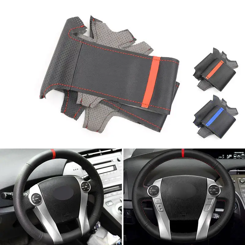 Hand Sewing Braid For Toyota Prius 30 XW30 2009 - 2015 Prius C US 2012- 2017 Car Steering Wheel Cover Perforated Leather Trim