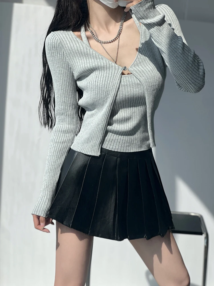 

Gray Off-Shoulder Knitted Sweater Short Crop Top Two-Piece Set Street Style Long Sleeve V-Neck Open Cardigan Belly-Baring Top