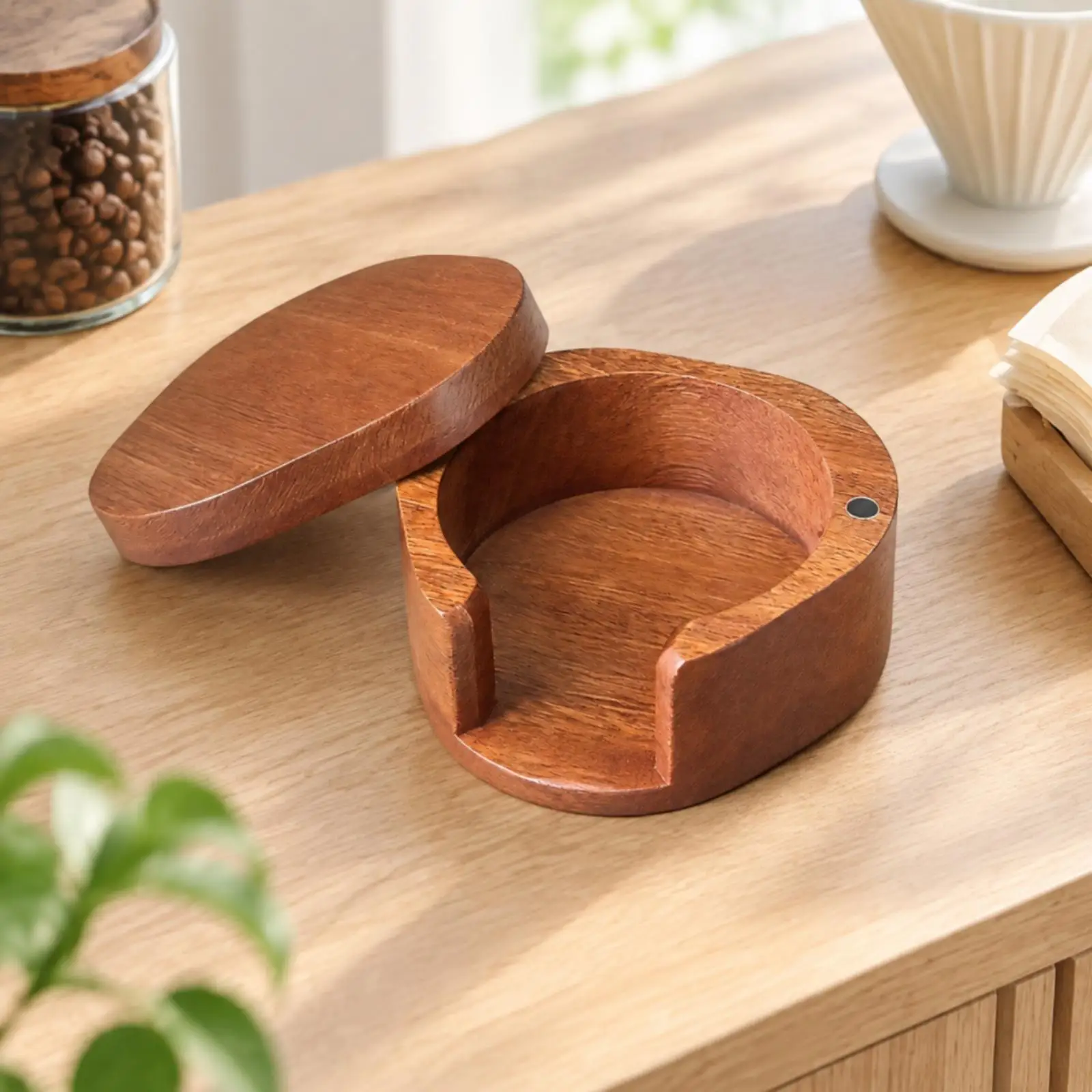 Round Coffee Strainer Paper Storage Box with Lid Dust-Resistant Acacia Wood Coffee Strainer Miniature Holder for Countertop Area