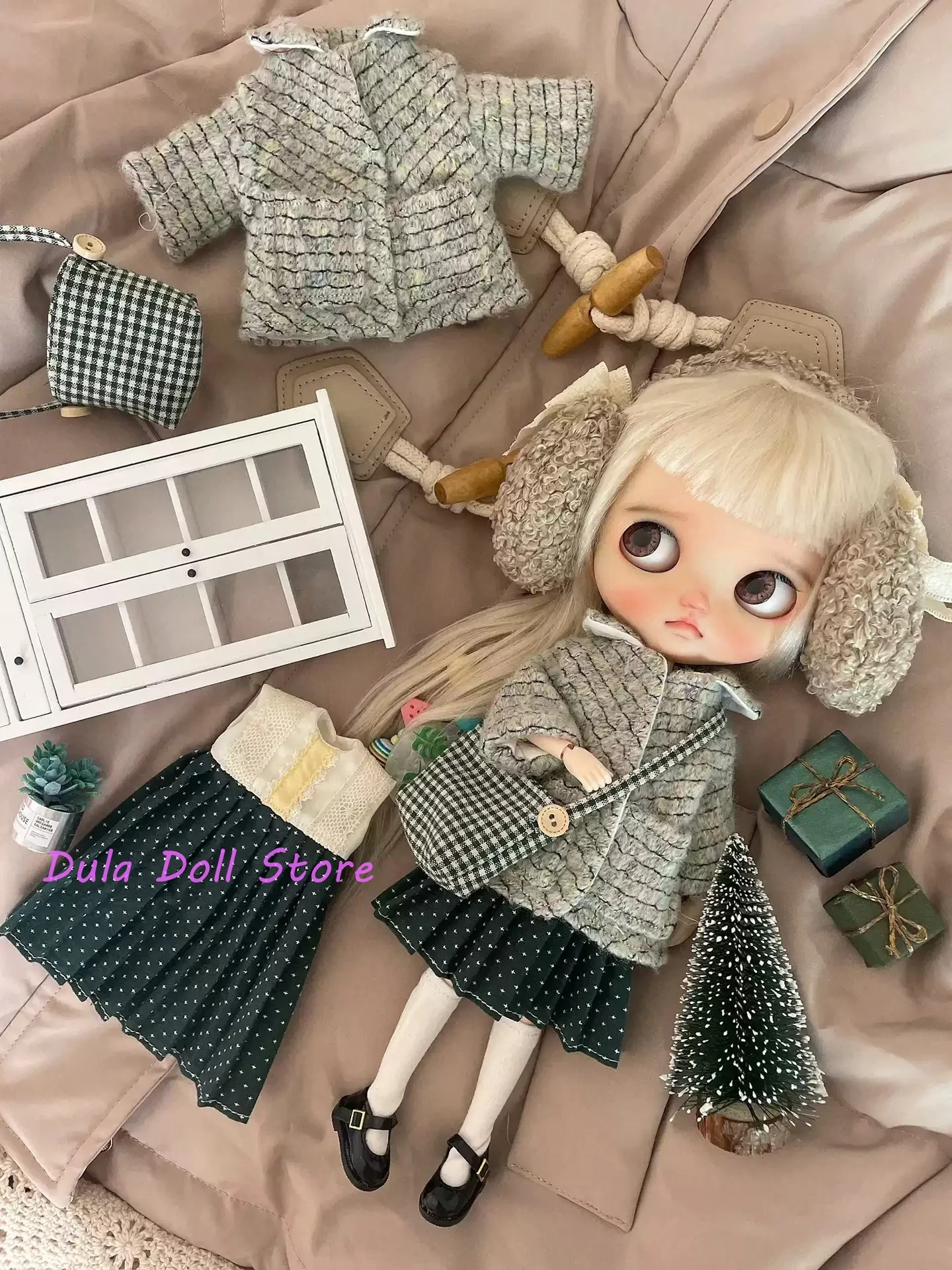 Dula Doll Clothes Dress Green pleated skirt plush jacket Blythe ob24 ob22 Azone Licca ICY JerryB 1/6 Bjd Doll Accessories