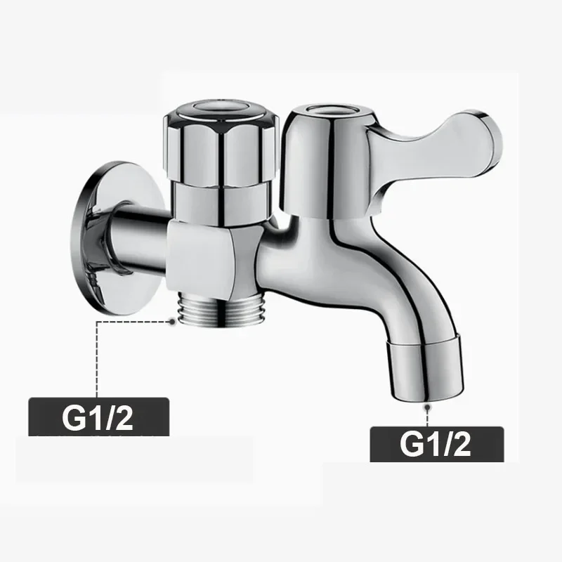Stainless Steel Wall Mounted Double Outlet Water Tap G1/2 Thread Ceramic Valve Core Two Way Faucet for Washing Machine