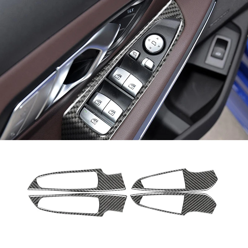 4pcs Car Window Switch Lift Panel Button Frame Trim Decor Stickers For BMW G20 G28 3 Series 2019-2020 Carbon Fiber Accessories