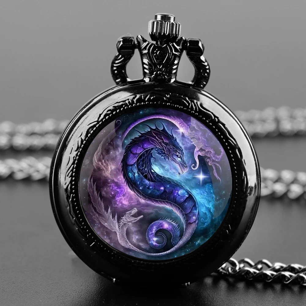 Exquisite Purple Dragon Glass Dome Quartz Pocket Watch Arabic numeral Necklace Pendant Gifts For Women Man with Chain