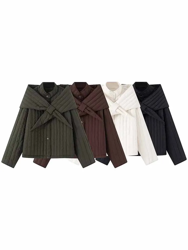 

HH Female Fashion Casual Winter Solid Color Long Sleeves Stand Collar Removable Scarf Decoration Cotton Jacket Commuting Warm