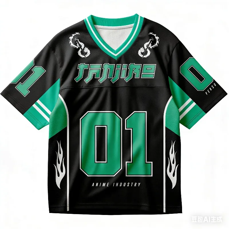 Demon Slayer Anime Rugby Shirt Charcoal Jiro Purgatory Ignosuke Flame Printed V-neck Shirt Short Sleeve