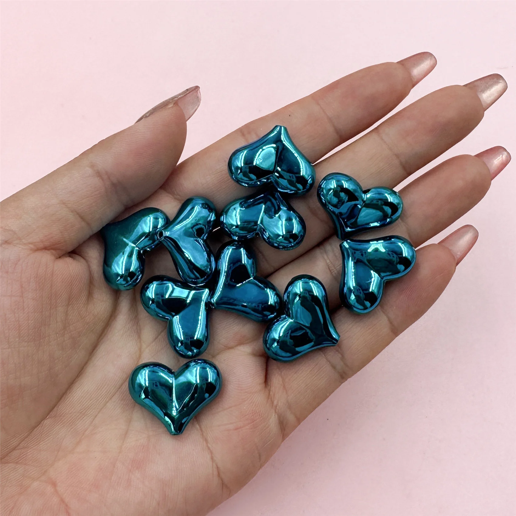 10Pcs/lot  22*16mm Acrylic Colourful Metallic Luster Big 3D Love Heart Shape Spacer Beads For Jewelry Making DIY Accessories