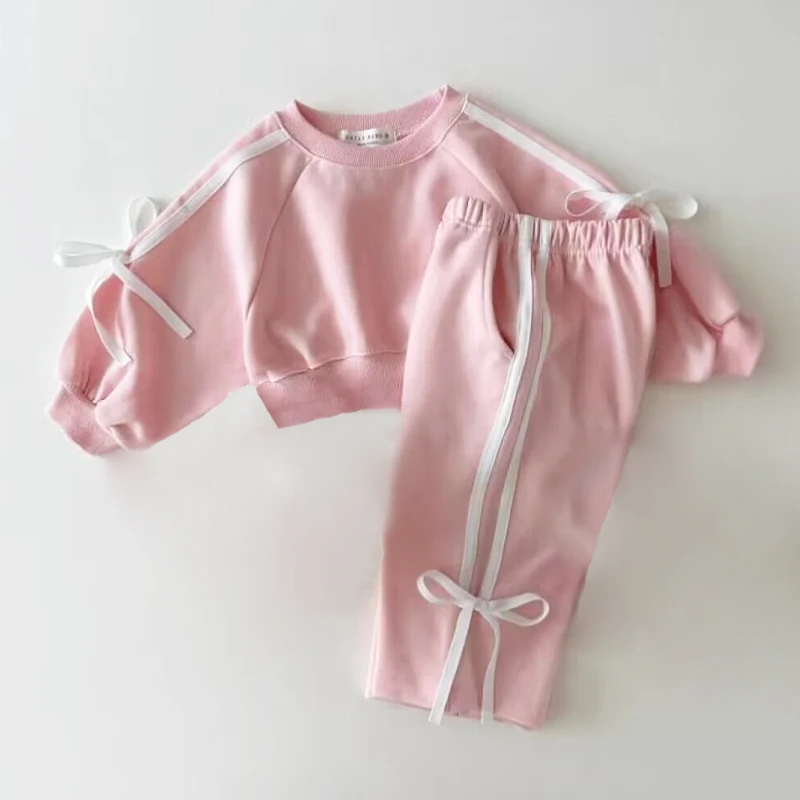 New Spring tinta unita Top a maniche lunghe Set per bambini Bow Bar impiombato maglione da ragazza Pullover pantaloni lunghi sport Set a due pezzi