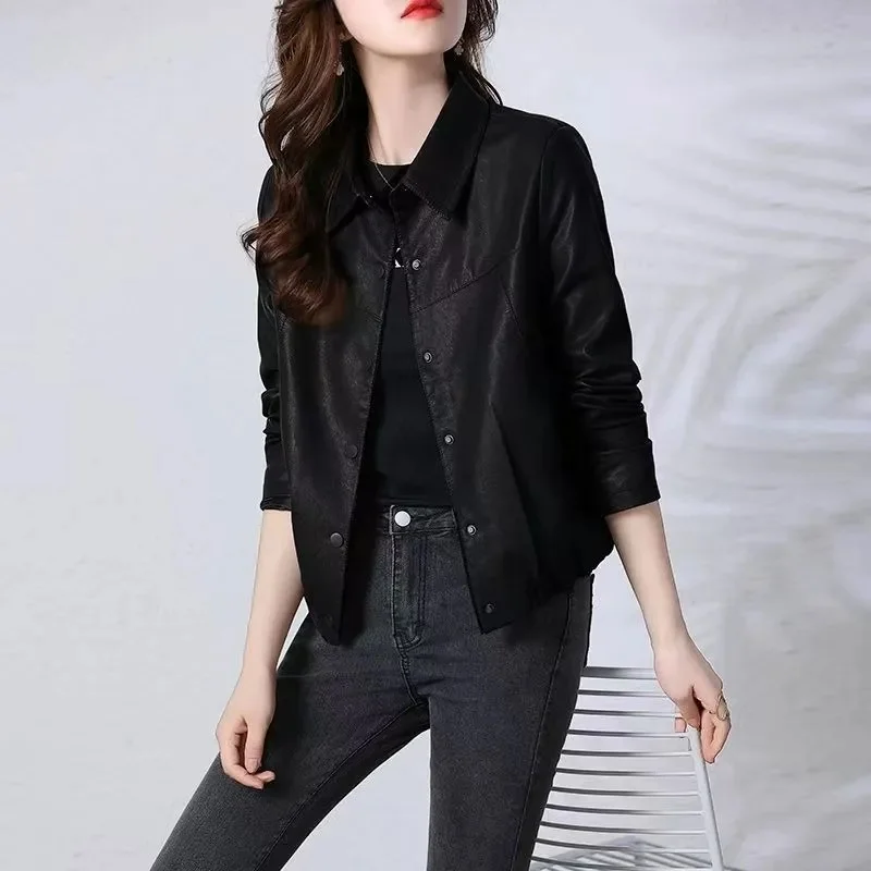 الخريف السيدات طويلة الأكمام سترة جلدية المرأة الكورية عادية بولي معطف معطف جلد أنثى موضة كبيرة الحجم 5XL فو الجلود أبلى