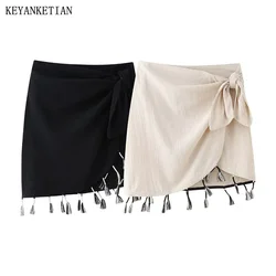 KEYANKETIAN New Launch Women's Tassel Decoration Blended Skirt Holiday wind Buttons High-waisted Asymmetrical A-line Mini Skirt