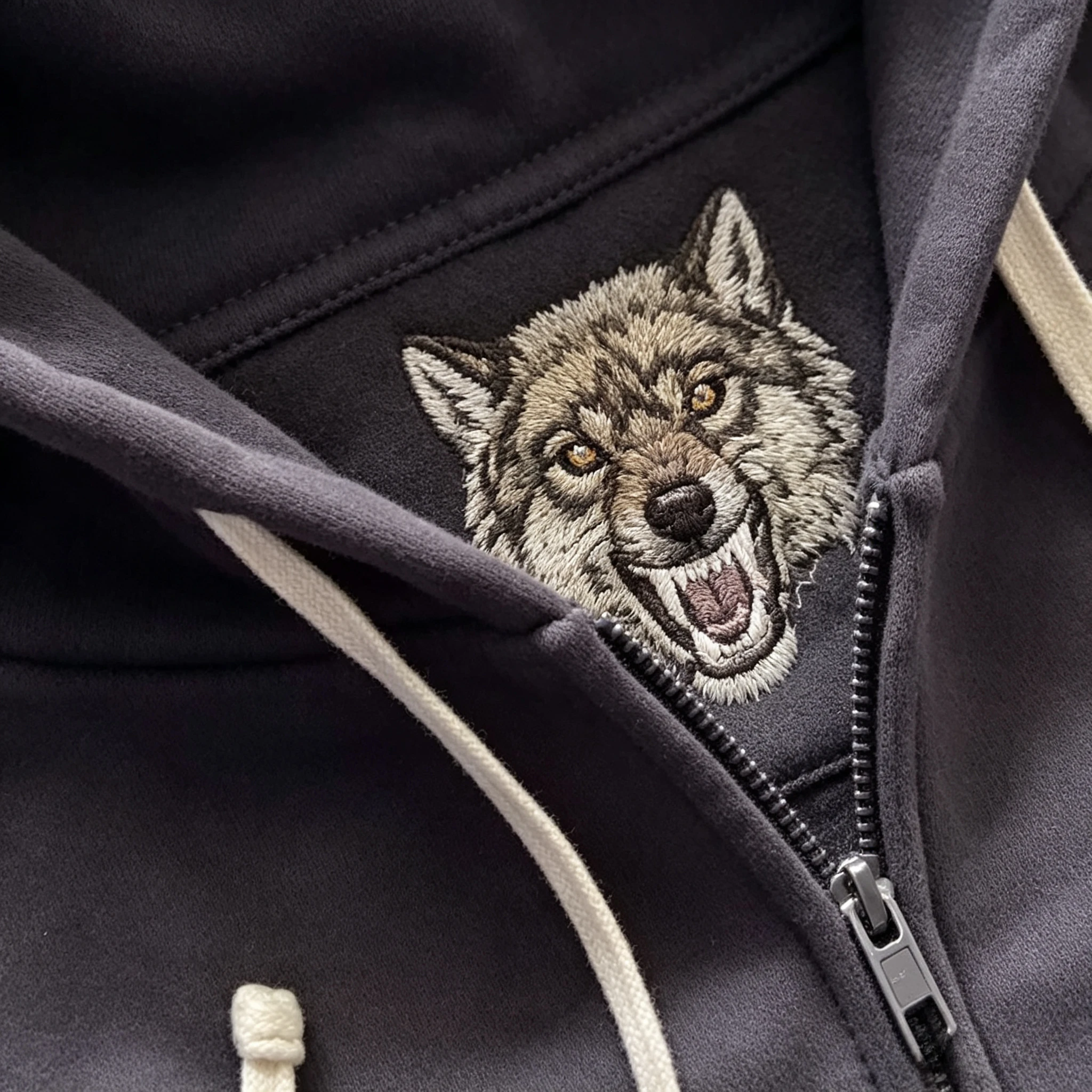 Y2K Grey Wolf Embroidered Hoodie Fashion Hip Hop Unisex Double Zipper Sweatshirts  Oversized Vintage Harajuku Dark Street Jacket