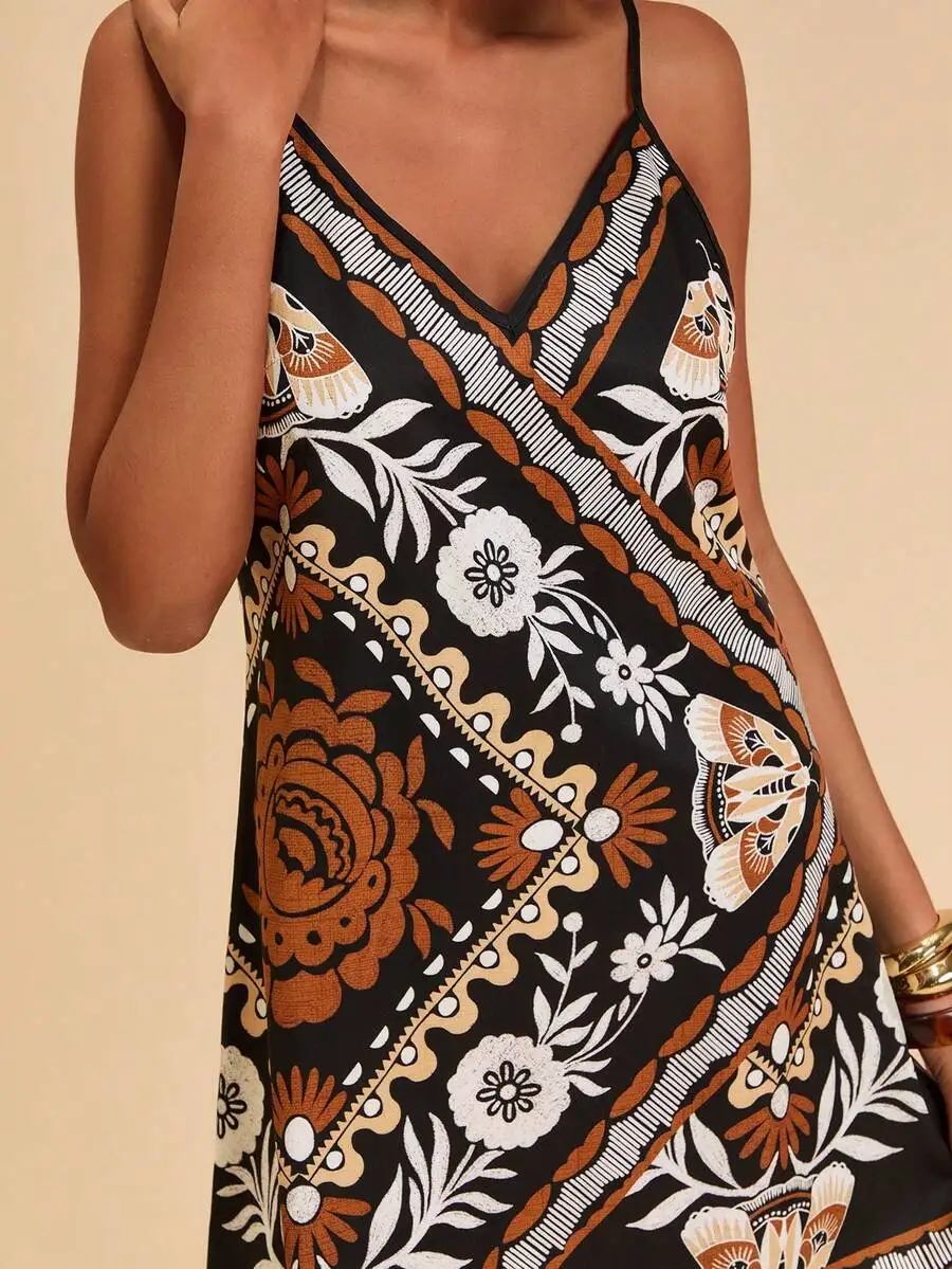

Женское мини-платье без рукавов с V-образным вырезом и цветочным принтом в стиле бохо