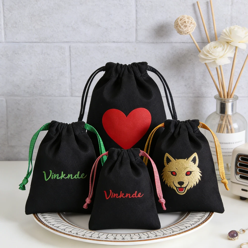 

Black Twill Thick Cotton Drawstring Pouch Customized Canvas Jewelry Packaging Bag Personalized Logo Necklace Earrings Gift Bags