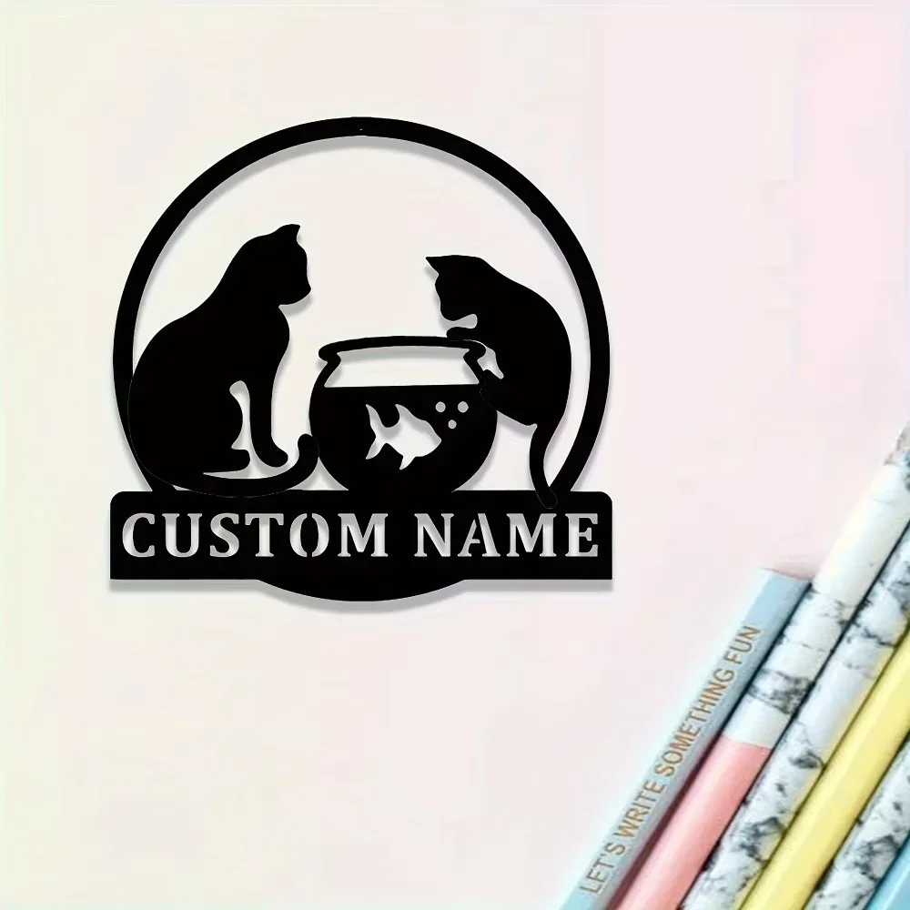 Exclusive Custom Metal Art: Cat & Double Cats Fishbowl Silhouette. Engrave Name, Sturdy Indoor/Outdoor Pet Memorial Sign.