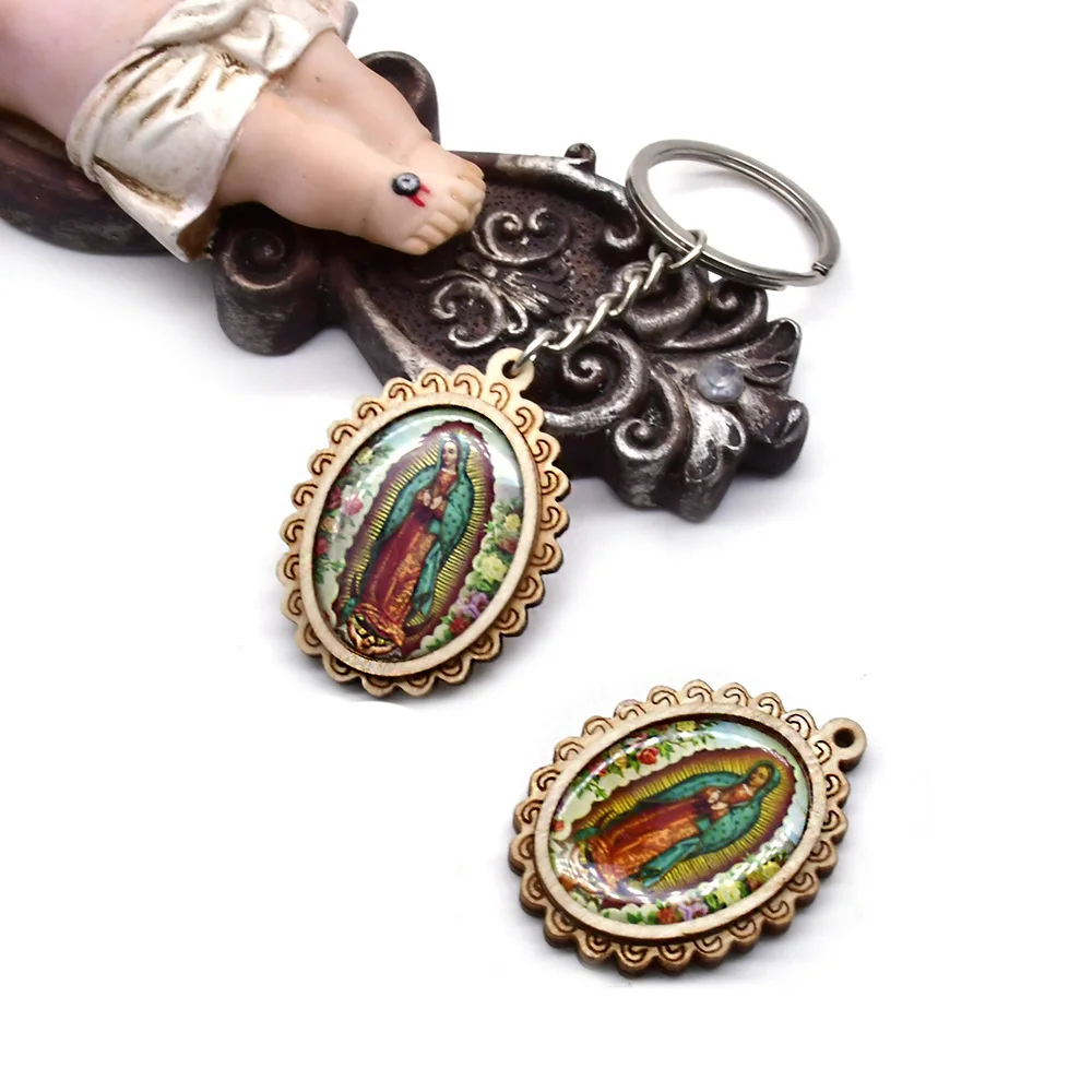 Guadalupe Key Chain Wood ellipse Icon Picture Key Ring For Men Women