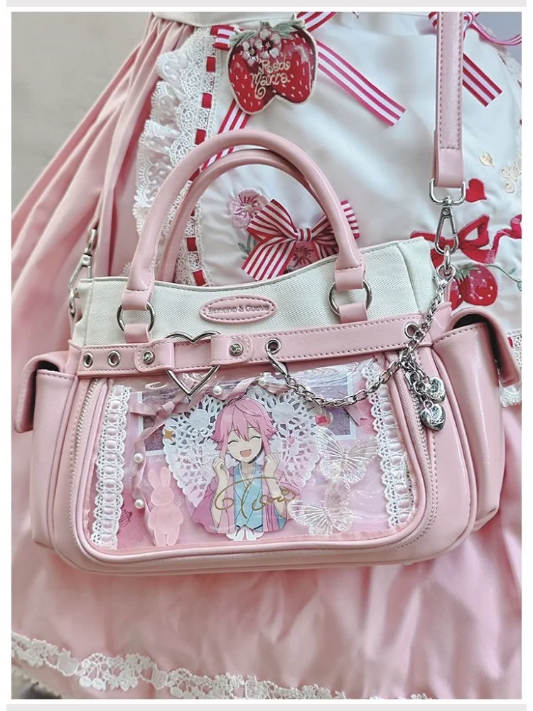 

Women Pink Crossbody Bag Large Capacity Y2k Ita Handbags Fashion Design Transparent Handbag Girls Diy Lolita Jk Shoulder Bags