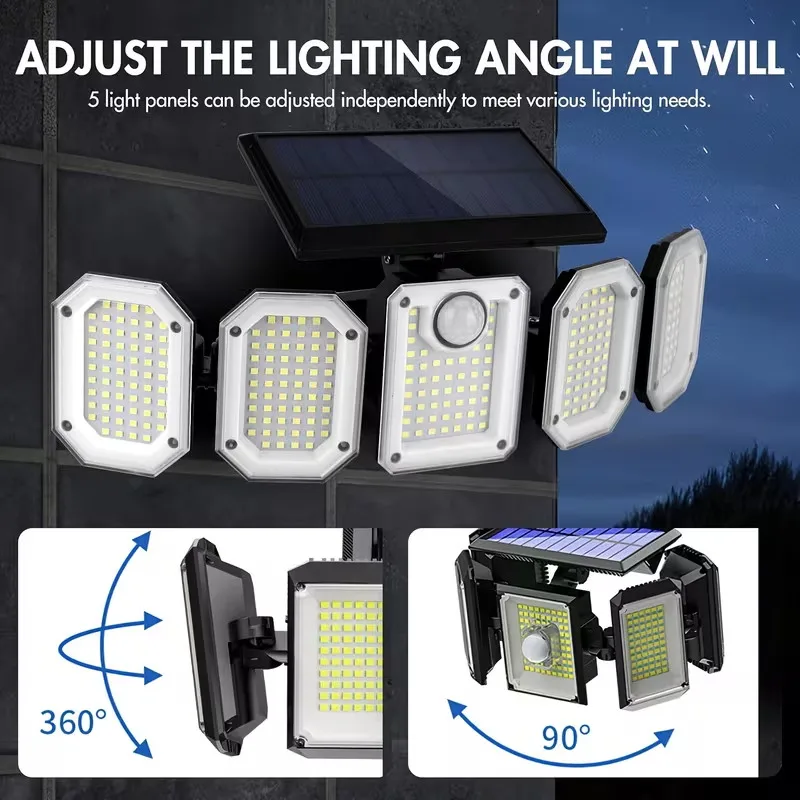 Waterproof 5 Head Solar Light Outdoor, LED Security Flood Wall Lamp with Wide Angle Lighting, Solar Powered Light for Garden