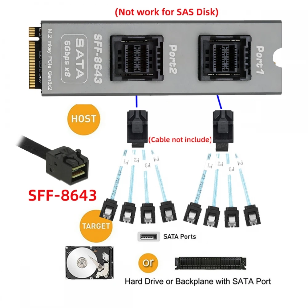 M.2 NVME M-Key PCI Express to 2 * Mini SAS SFF-8643 Connector Adapter Expansion Riser Card Supports 8 SATA 3.0 Hard Disk Drive