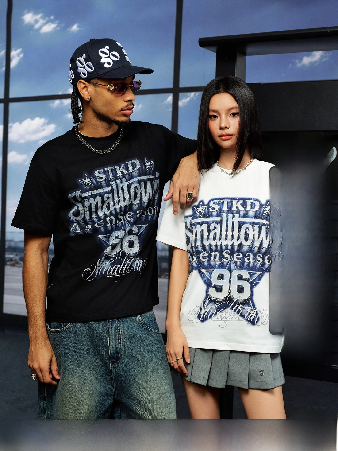 STK SmallTownKid Main Street Deep Blue Star Rock Short Sleeve T-Shirt American Letter Print Loose Fit Cotton round Neck Top