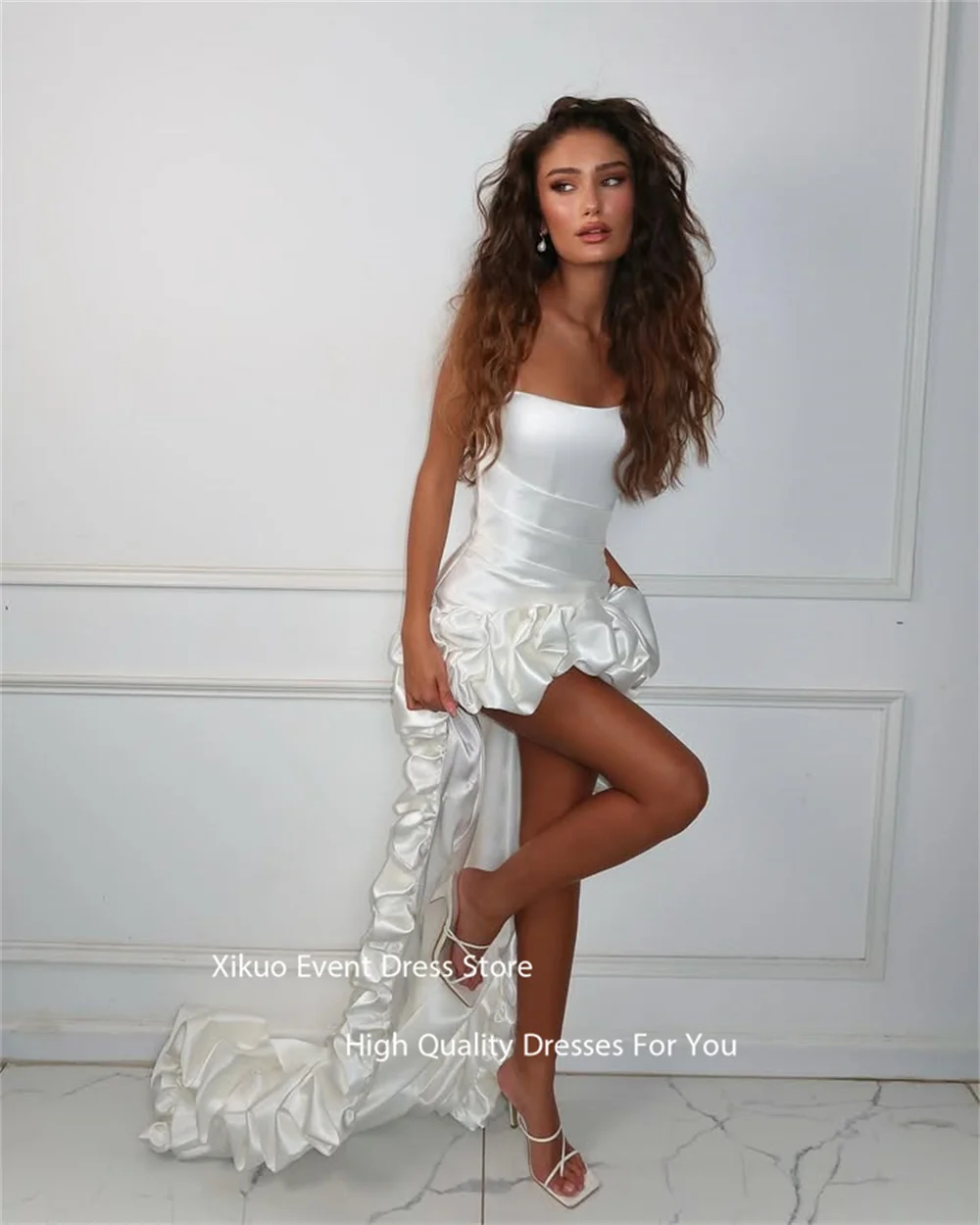 Xikuo Ruffled Train Strapless Wedding Dress High Low Bodycon Fit Civil Bridal Gowns Asymmetric Hem Vestido De Novia Customized