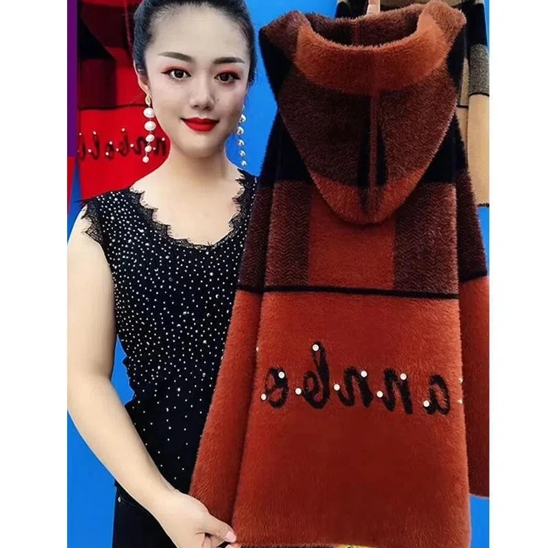 Mother's Faux Mink Velvet Short Coat Women Autumn Winter New Jackets Hooded Padded Fashion Knitted Cardigan Outerwear Female Top