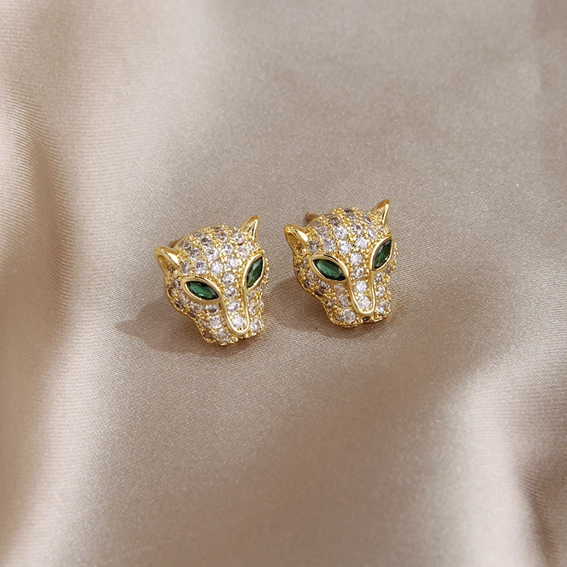 Fashion Brand Jewelry Crystal Leopard Stud Earrings Luxury Zirconia Animal Earrings for Women