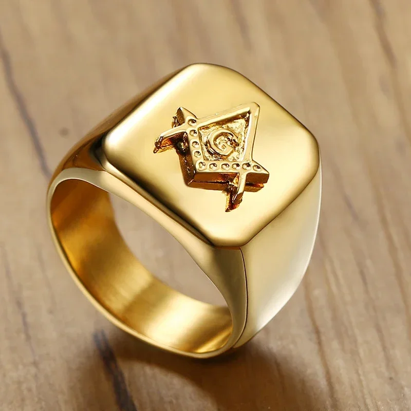 Gold Plated Stainless Steel High Polish Freemasonry Masonic Signet Ring for Men