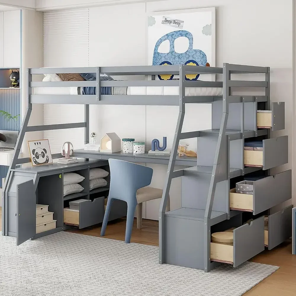 Full Size Loft Bed with Stairs, Desk, Storage Drawers and Shelves - Gray for Kids, Teens, and Adults