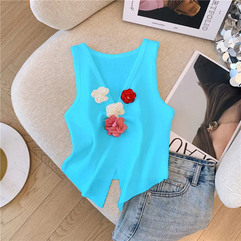 Dopamine Flower Splicing Knitted Vest Women\'s Summer Hem Irregular Split Ends Chic Niche Sleeveless V-neck Top