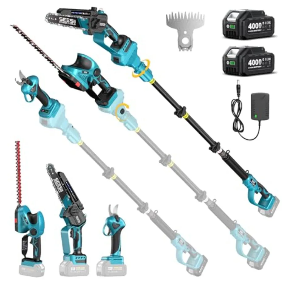 8-in-1 cordless pole chainsaw for outdoor gardening, aluminum alloy body, black and orange, lightweight with 3.0Ah battery and